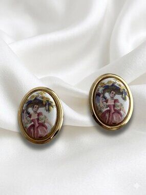 Vintage Porcelain Portrait Clip-On Earrings | Victorian Lady | Gold Tone